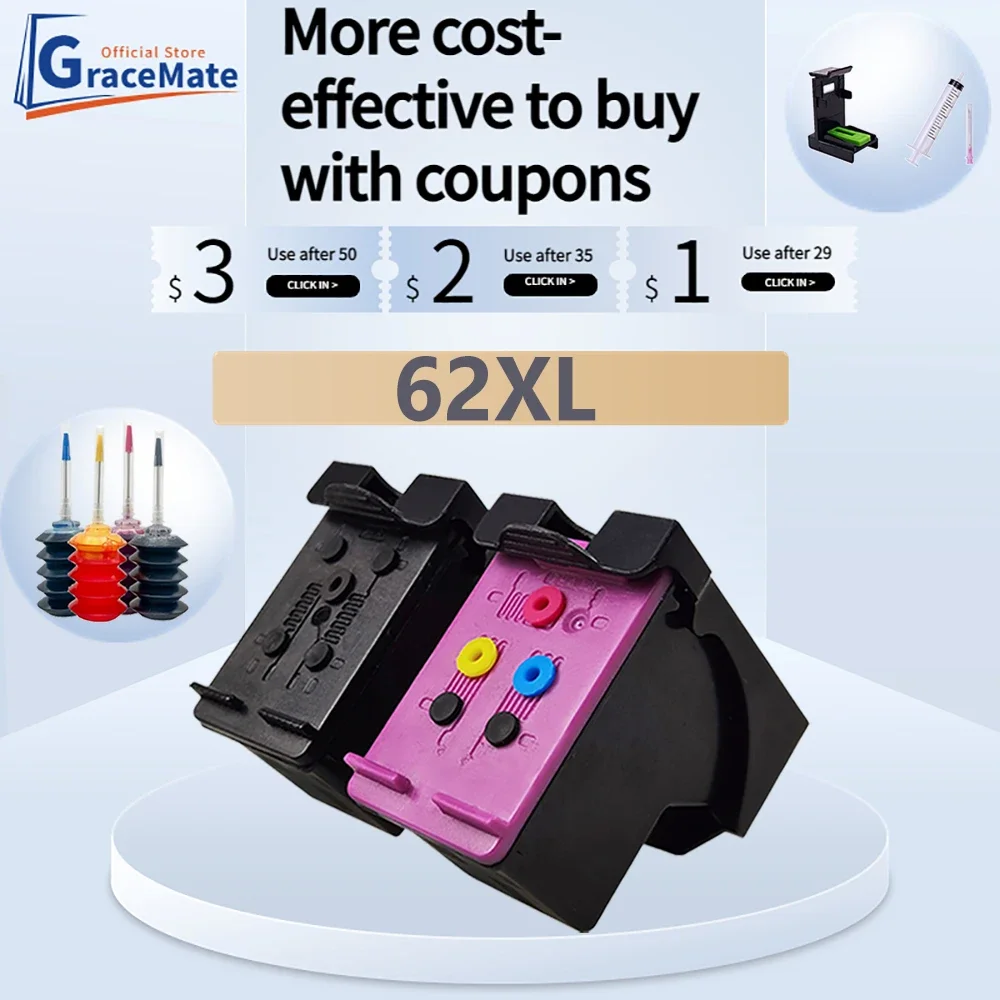 

GraceMate 62XL Refilled Ink Cartridge Replacement for HP 62 XL hp62 Envy 5540 5640 7640 5646 5541 5740 5742 5745 200 250 printer