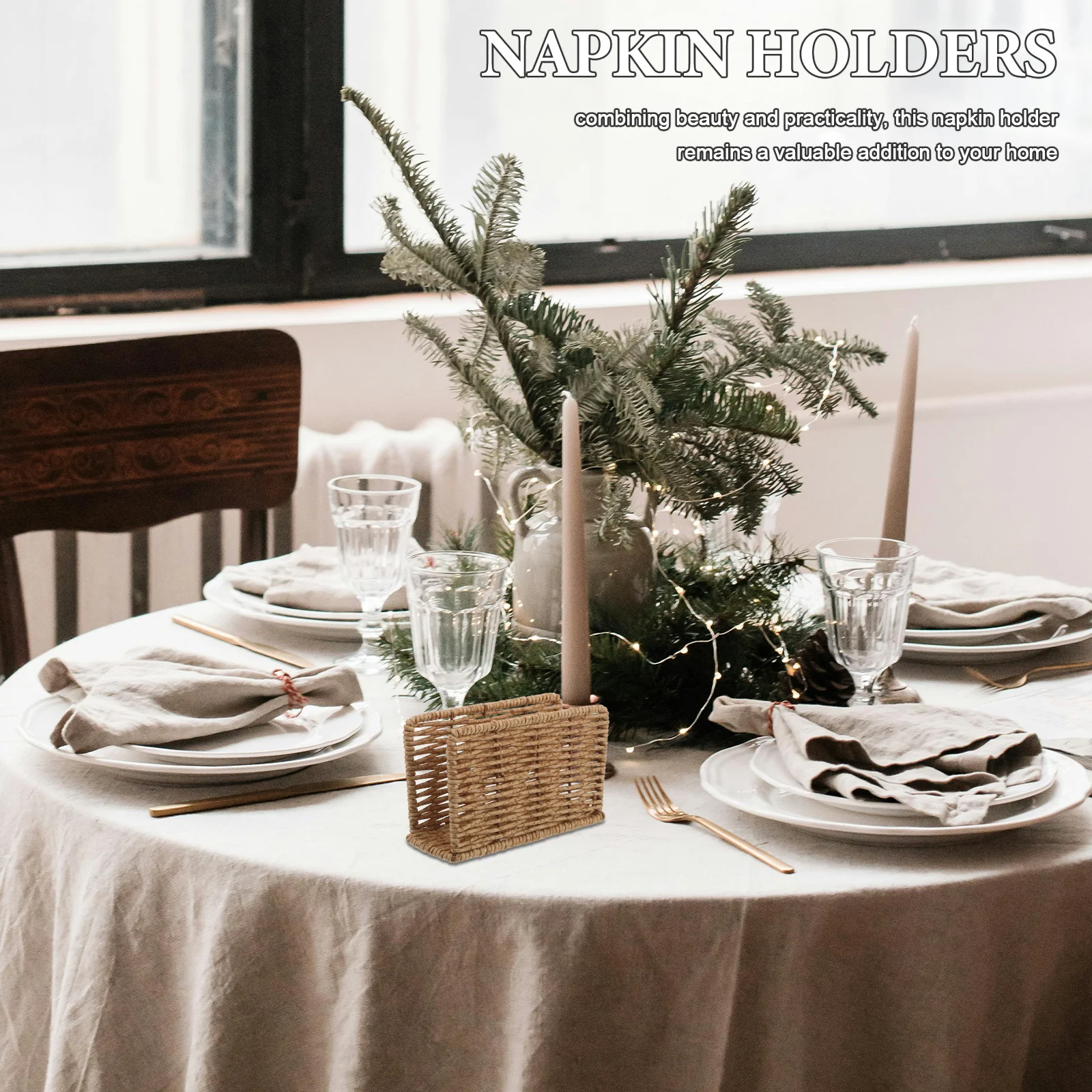 

Napkin Holder Imitation Rattan Modern Sleek Stand for Table Paper Tissue Organizer Rustic Farmhouse Dining Decor