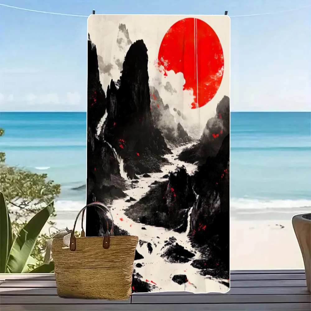 Red Sun Under The Ink Painting of Mount Fuji Towel Shower Towel Super Soft Absorbent Microfiber Beach Towel8.4