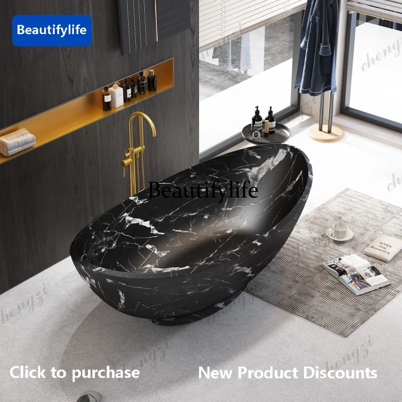 A68Freeform Natural Stone 1.7m Bathtub, Insulated Irregular Double Soaking Tub, Heat-Retention Freestanding