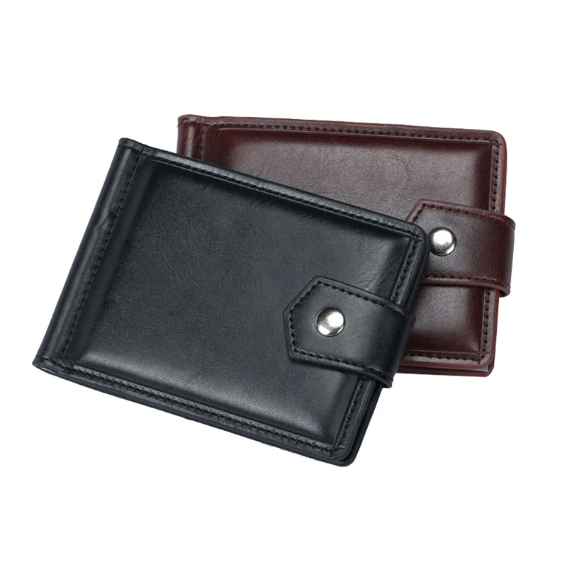 New Small Men\'s Leather Wallet With Coin Pocket Money Clip 5 Credit Card Slots A Metal Clamp ID Cash Holder Purse For Male