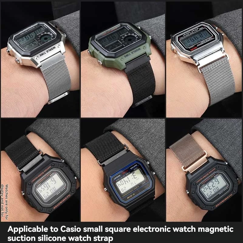 For Casio small square AE1200WH AE1300/1000/1500 F-91W A158/A168 H-218 convex steel strip breathable mesh strap watch strap male