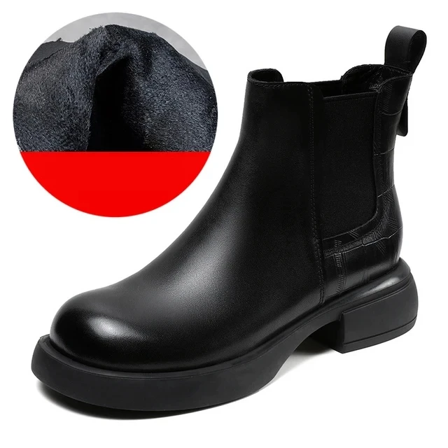 4CM mucca vera pelle donna autunno camino Chelsea stivali primavera inverno moda peluche calda caviglia metà polpaccio stivaletti scarpe