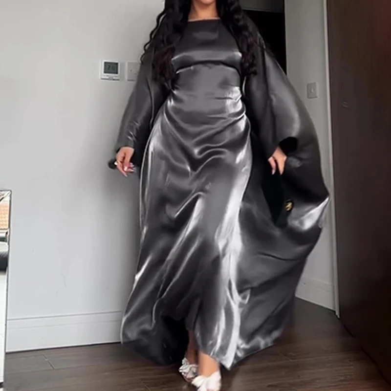 バットウィングスリーブの女性用ロングドレス,単色,ハイウエスト,十分なイブニングドレス,エレガントなラウンドネック,サテンドレス,ファッショナブル