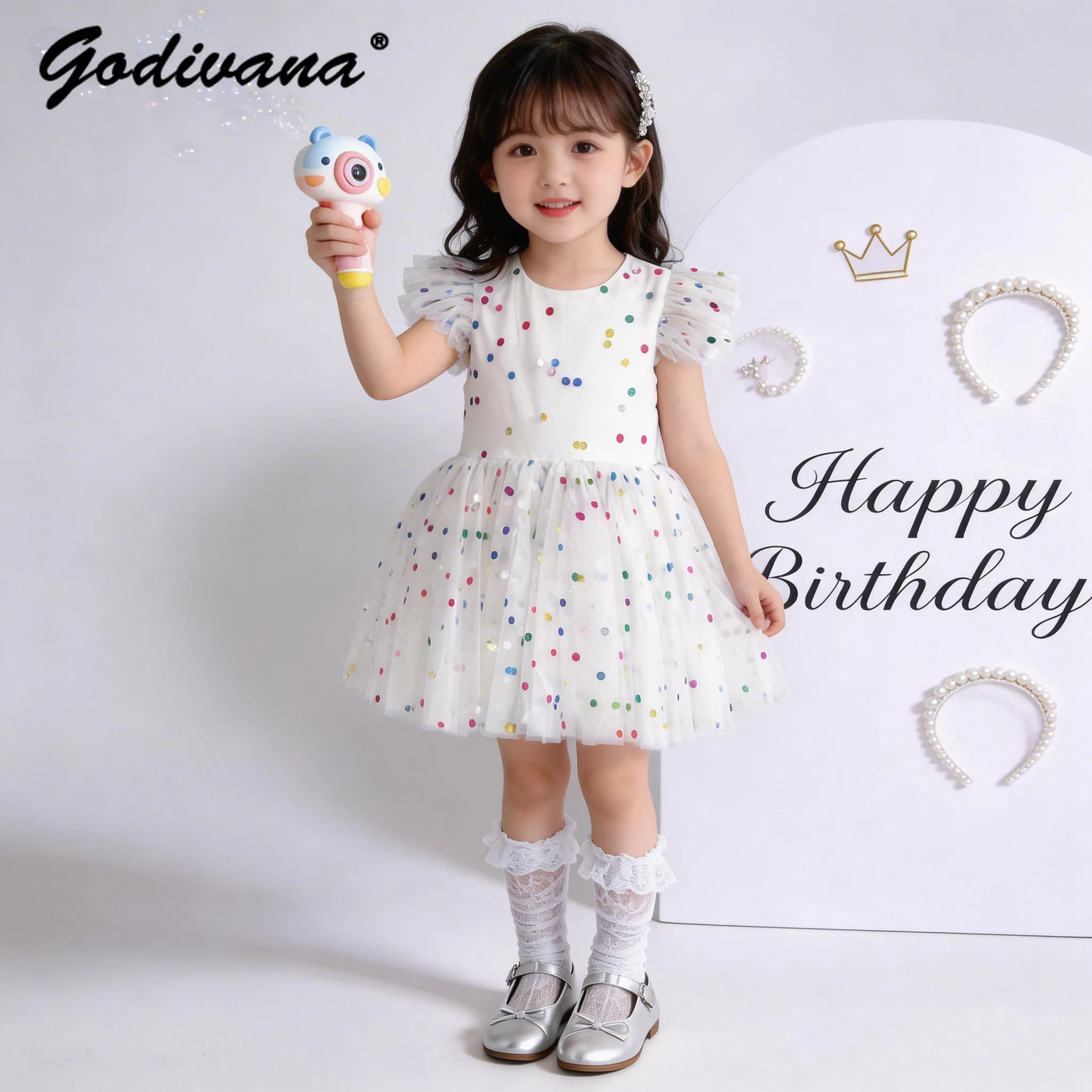 Baby Girls Sweet Rainbow Polka Dot Tulle Princess Dress Kids New Summer Flutter Sleeve Sequined Mesh Birthday Party Tutu Gown