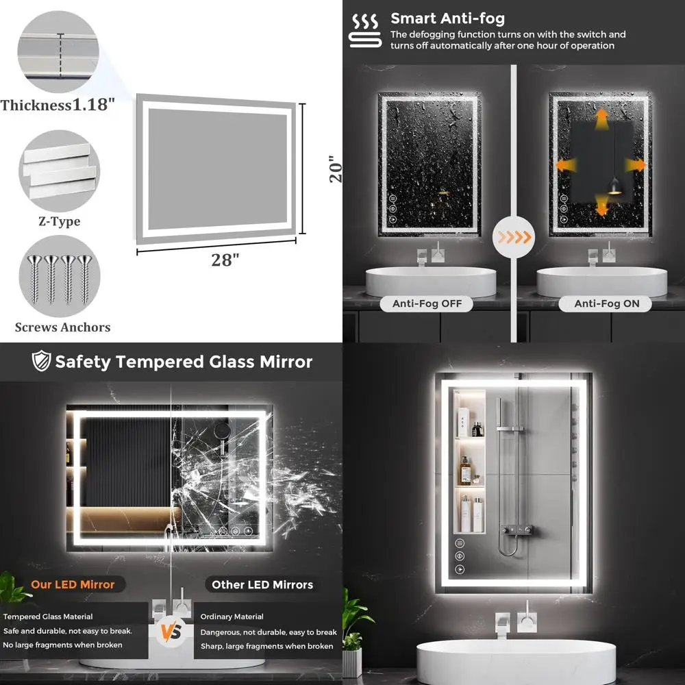 

Dimmable 20x28 Tempered Glass LED Mirror, 3 Color Backlit & Frontlit, Anti-Fog with Memory Function