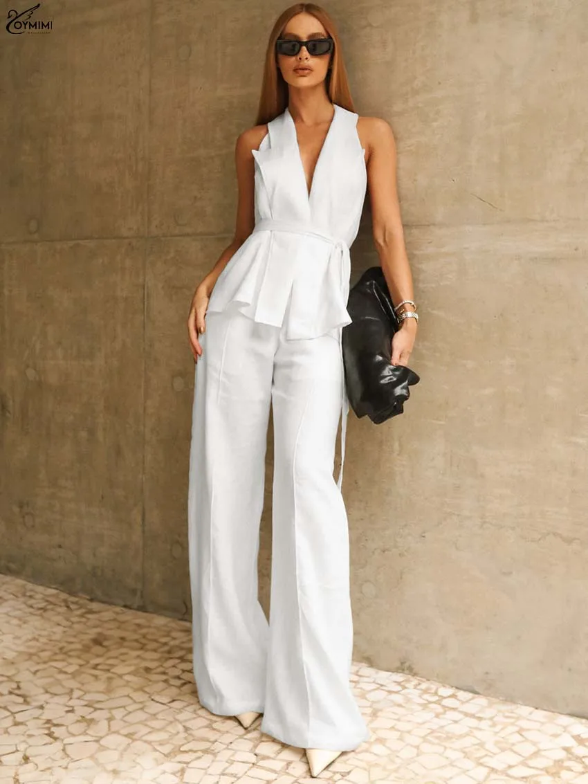 

Oymimi Fashion White Cotton Women's Two Pieces Set Elegant Sleeveless Lace-Up Open Back Shirts And Simple Straight Trousers Sets