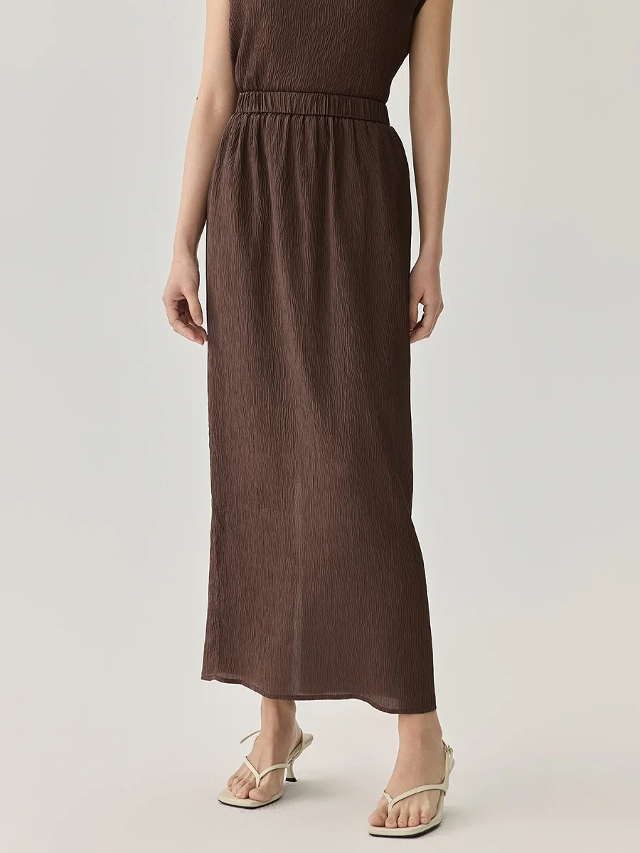 Birdtree, 97% Real Silk 3% Spandex Skirt, Women's Elastic Waist Straight Maxi Skirts, 2026 Spring New, Black, Brown D62324JF
