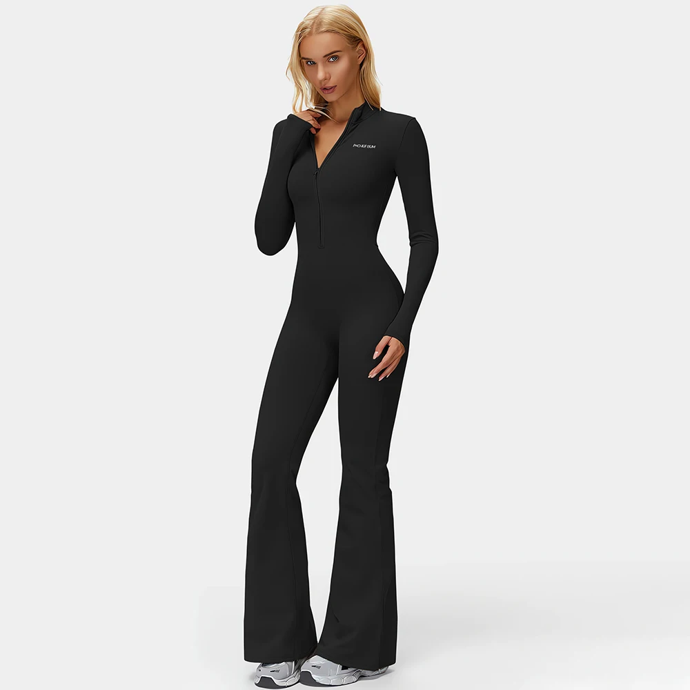 Women Bum Winter Yoga Suit Long Sleeve Flare Workout Jumpsuit Zip Up Romper Bottom Pants Wide Leg Bodysuit Bodycon One Piece Set