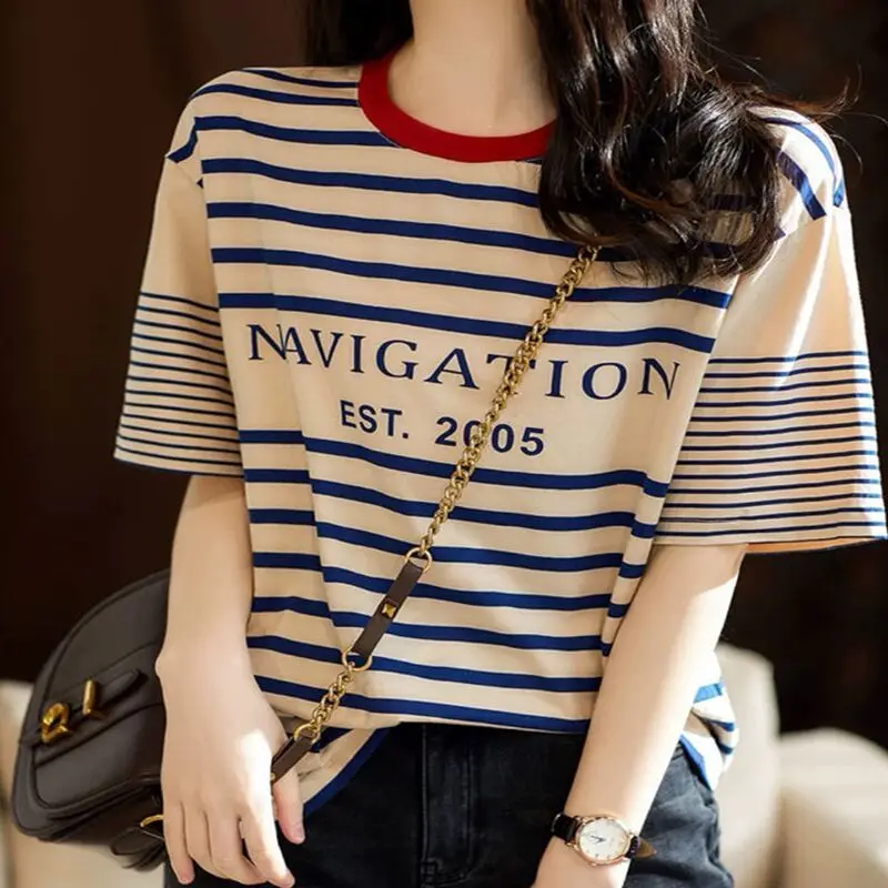 Spring Summer New O-Neck Letter Printing Short Sleeve Cotton Striped T-shirt Women\'s Clothing Loose Fashion Casual Tops