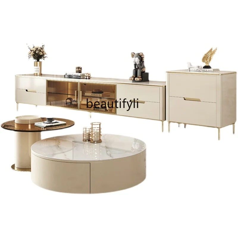 Light Luxury Bright Stone Plate Coffee Table TV Cabinet Combination Glass Door Living Room Simple High Foot Floor Cabinet