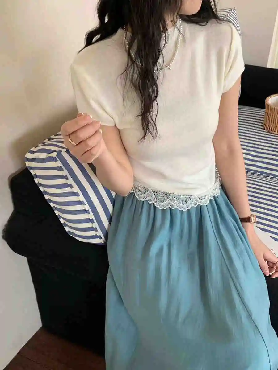 Koreanische Chic Gestreiften Farbe Blo ort Sve T-shirt frauen Sommer Slim Fit Gestrickte Körper Spitze ter Ne Splice Top