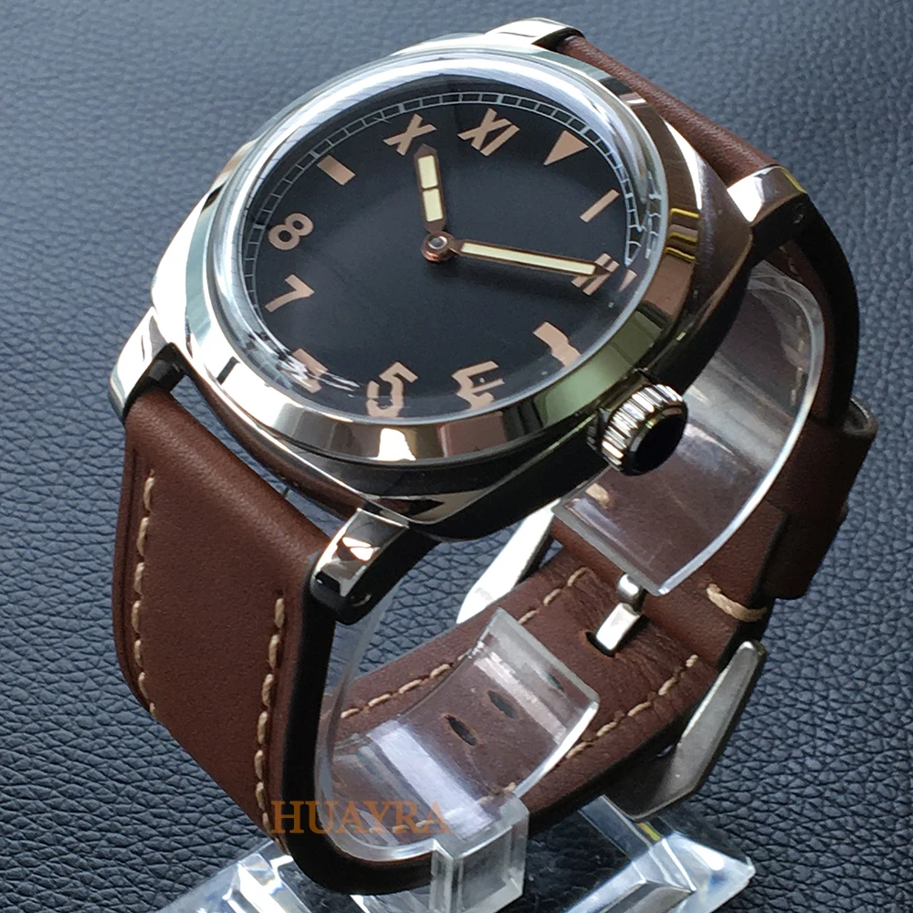 Imagem -04 - Relógio Masculino Manual Enrolamento Movimento Mecânico Militar Luxo Prata Polido 316l Case Pulseira de Couro à Prova Impermeável Água 47 mm