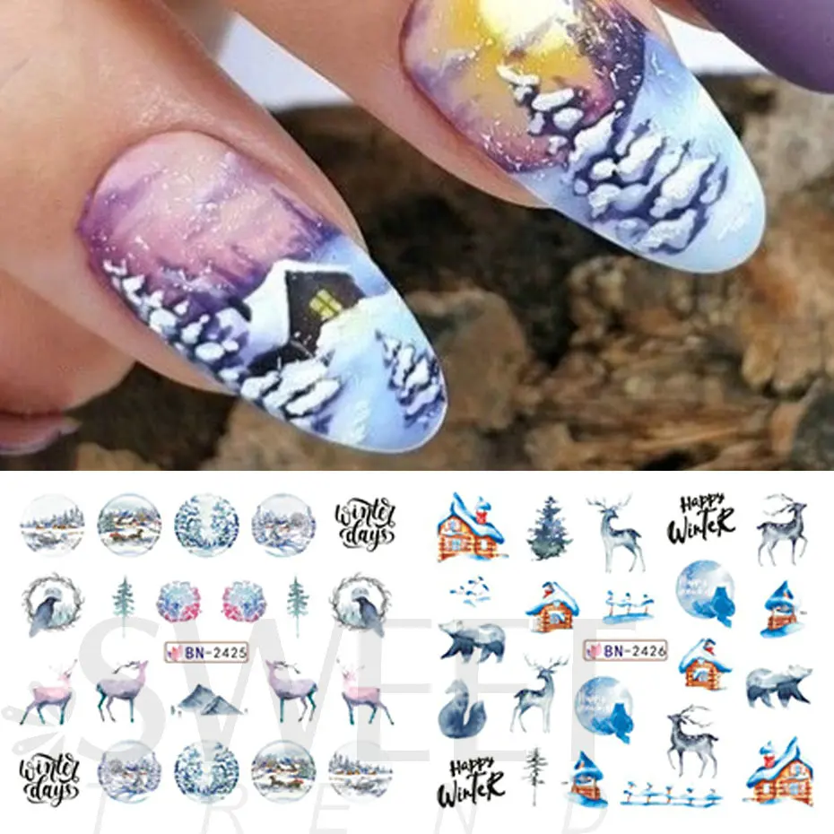 12pcs Winter New Year Nail Stickers Snow Cabin Landscape Bear Blue Elk Snowflake Animal Design Manicure Slider Decoration BEBN