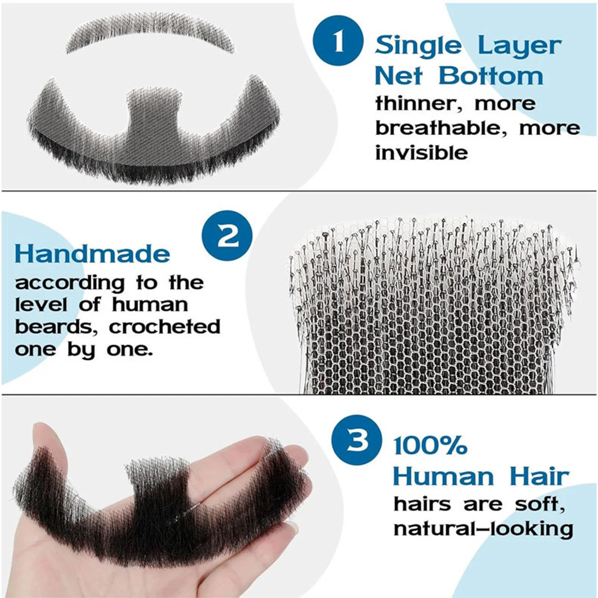 Black Fake Beard And Mustache For Men Natural Human Hair Invisible Single Layer Net Base Straight Thick Facial Hair Makeup
