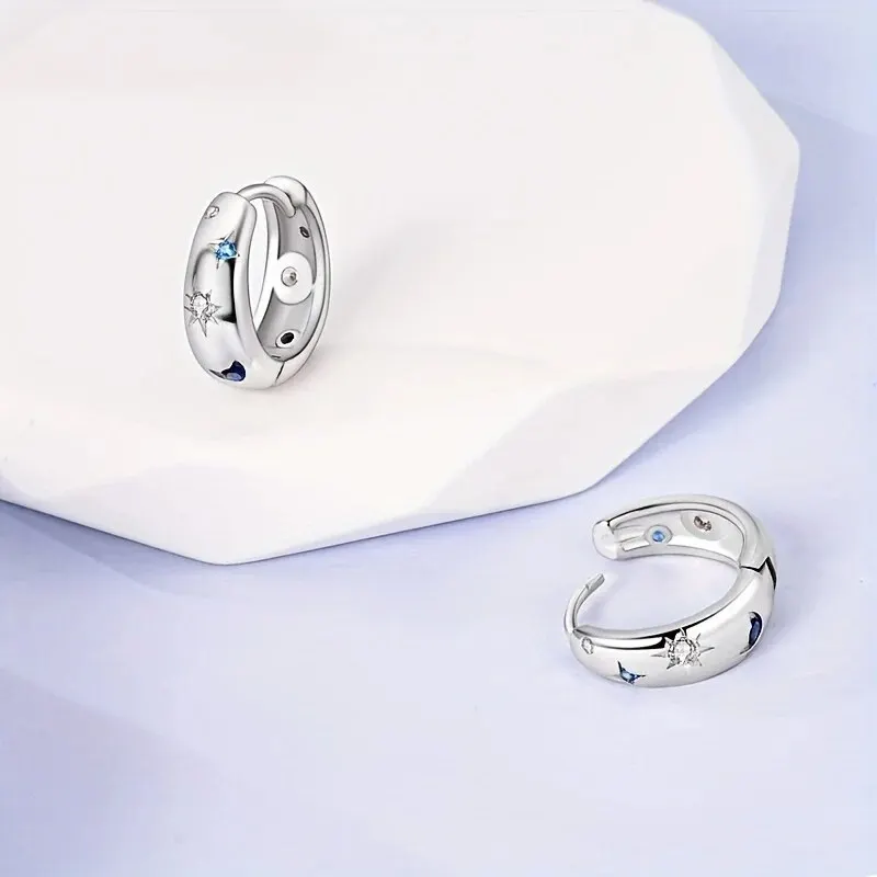 Sun And Star Pattern Women's Small Hoop Earrings Blue Crystal Cubic Zirconia Hoop Earrings Exquisite Girl Personality Jewelry image 2