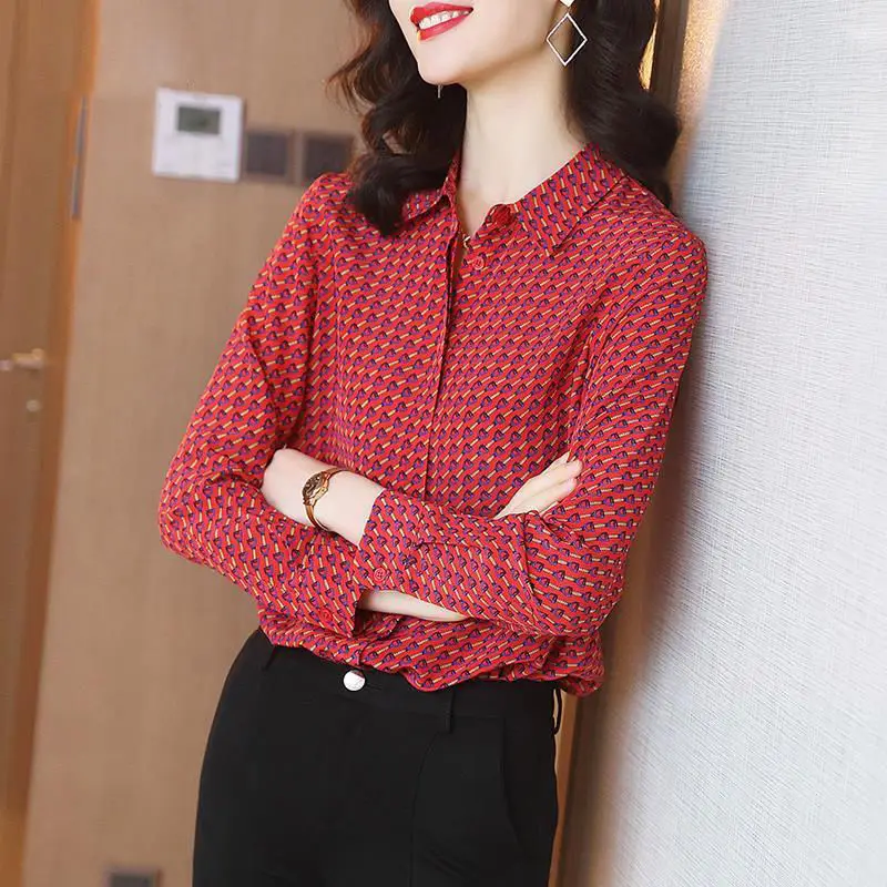 Fashion Broken Flowers Casual Blouse Commute Turn-down Collar Single-breasted Female Spring Autumn Korean Loose Straight Shirt