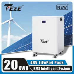 TEZE 20/30KWH 48V Powerwall LiFePO4 Battery 51.2V 16S 400Ah With RS485 CAN Built-in BMS 10KW Output Home Energy Storage System