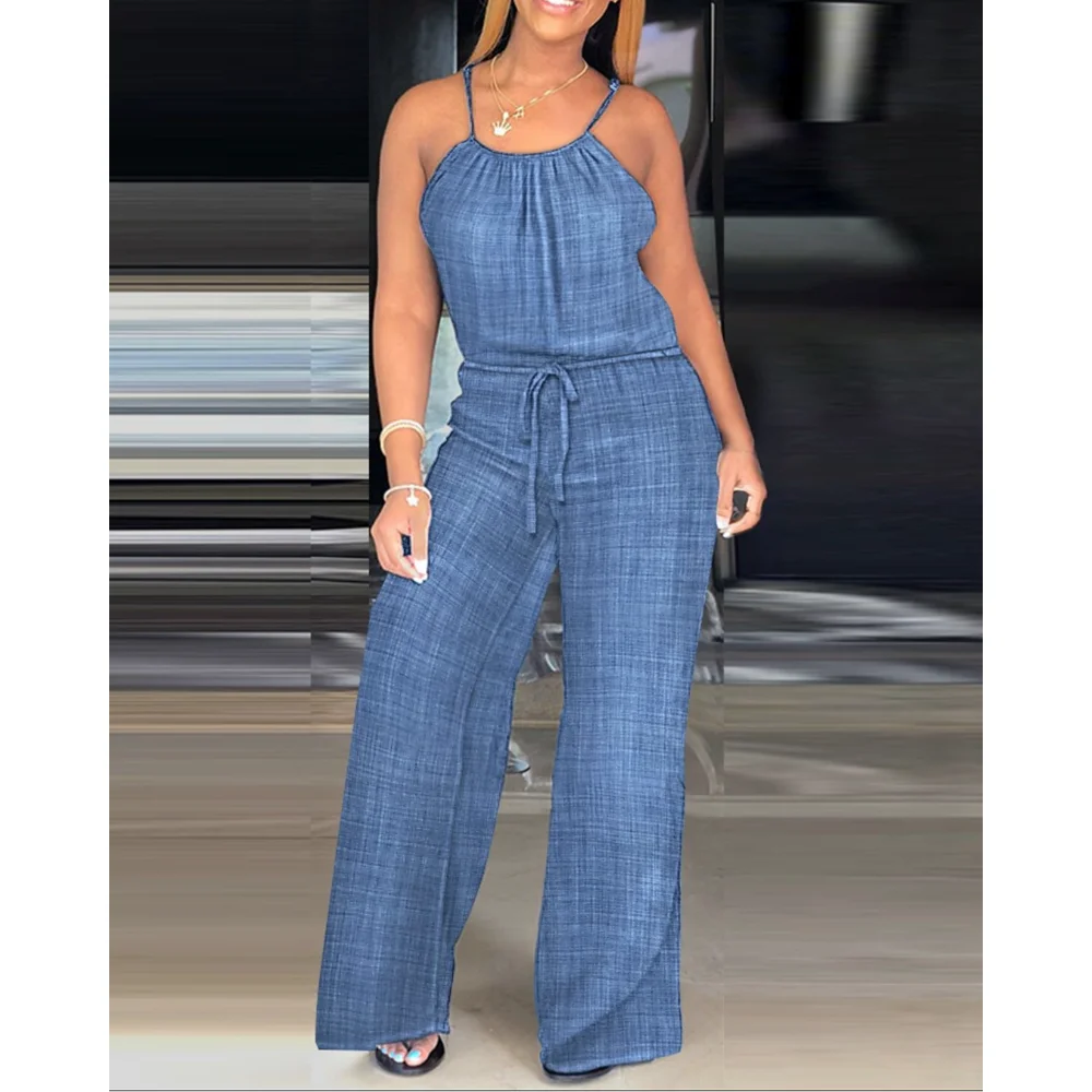 Women's Casual Solid Color Wide Leg Straight Overalls Summer Sleeveless Spaghetti Strap Drawstring Waist Jumpsuits