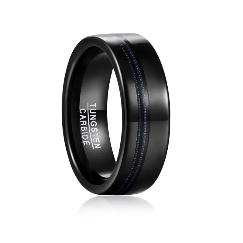 BONLAVIE Electric Black Polished Men Tungsten Carbide Rings Blue Guitar Strings Wedding Rings