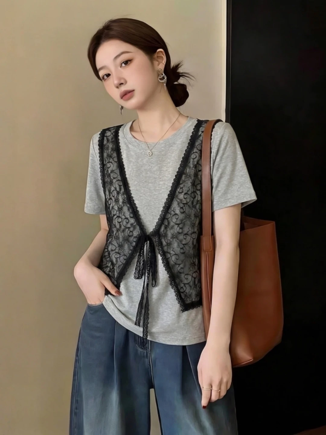 Gray Lace Splice Pure Cotton Short Sleeve T-Shirt Women Summer plus Size Loose Design Sensation Small Audience Top