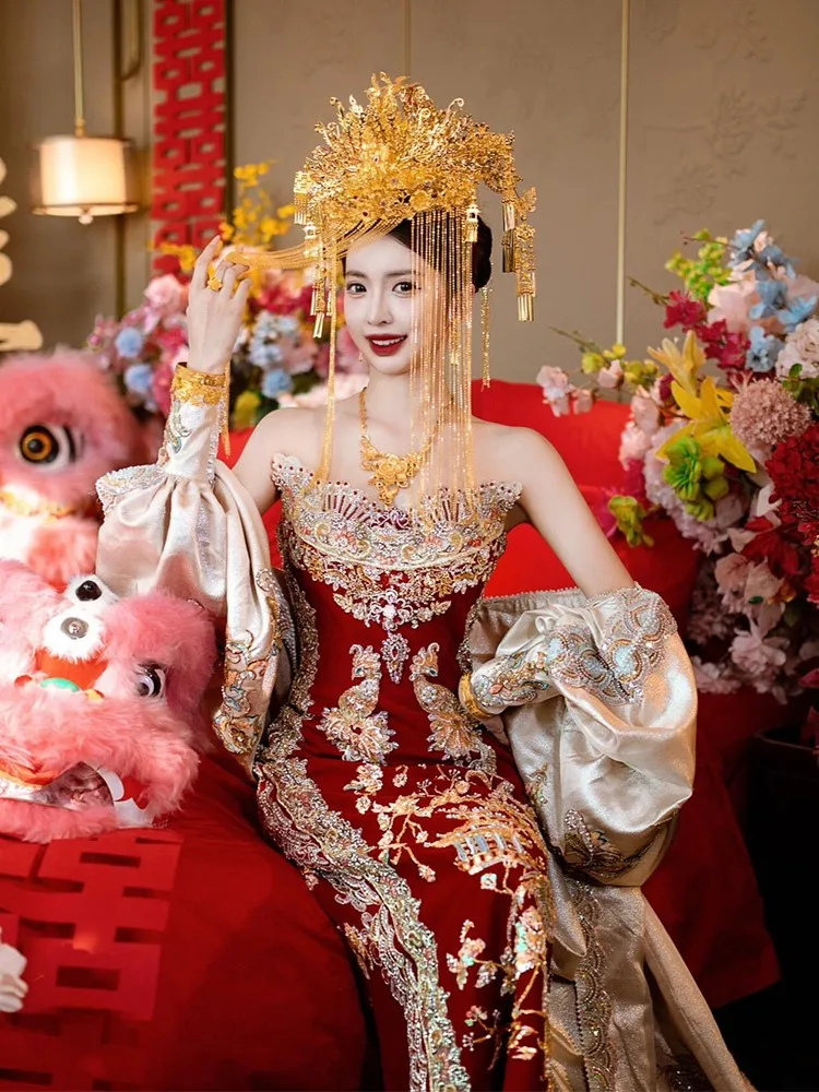 

Red strapless toasting dress new Chinese-style wedding for brides heavy fish-tail dragon and phoenix engagement