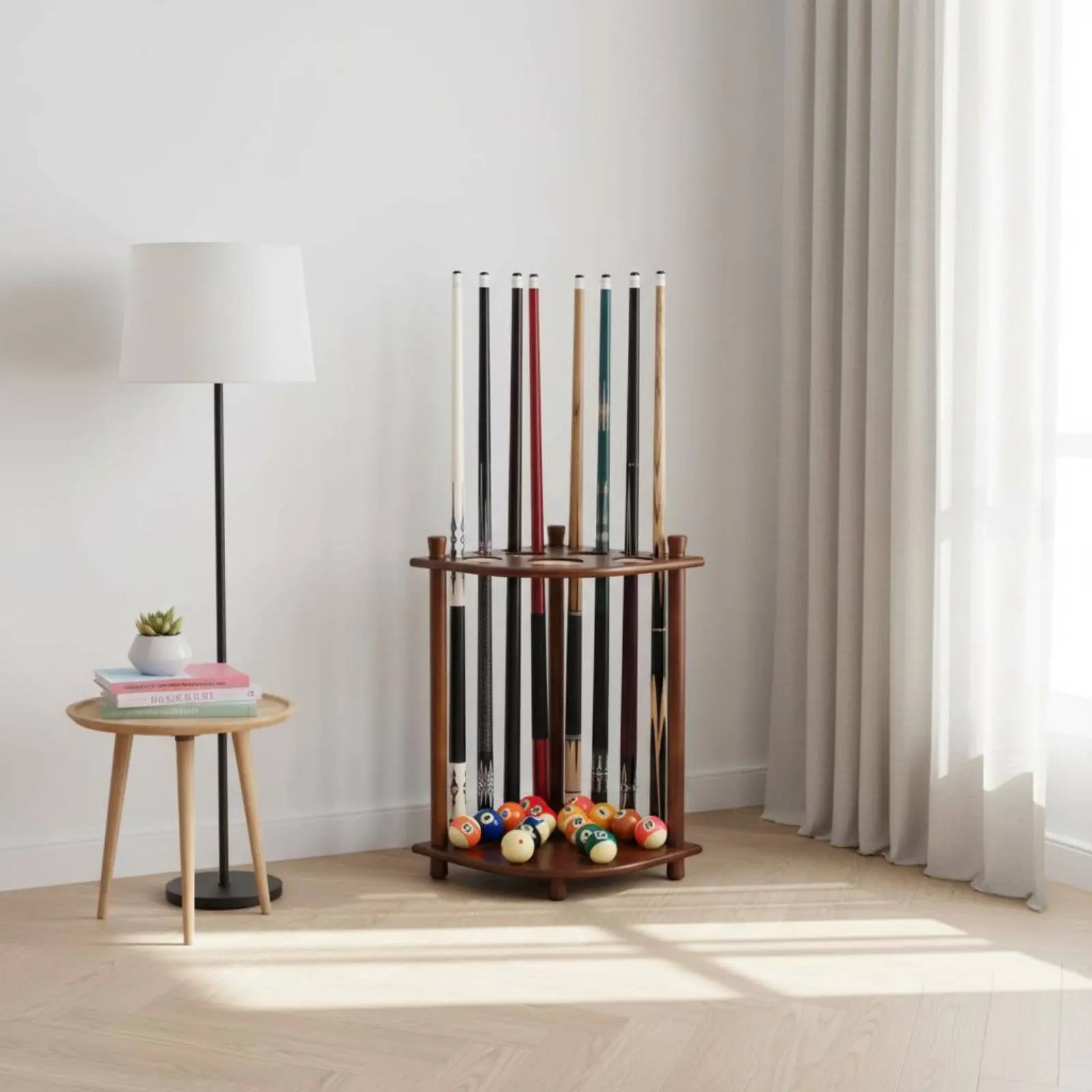 

8-Hole Cue Holder Solid Wood Floor Standing Pool Cue Rack Freestanding Pool Stick Holder Space-Saving Game Room Storage Sturdy