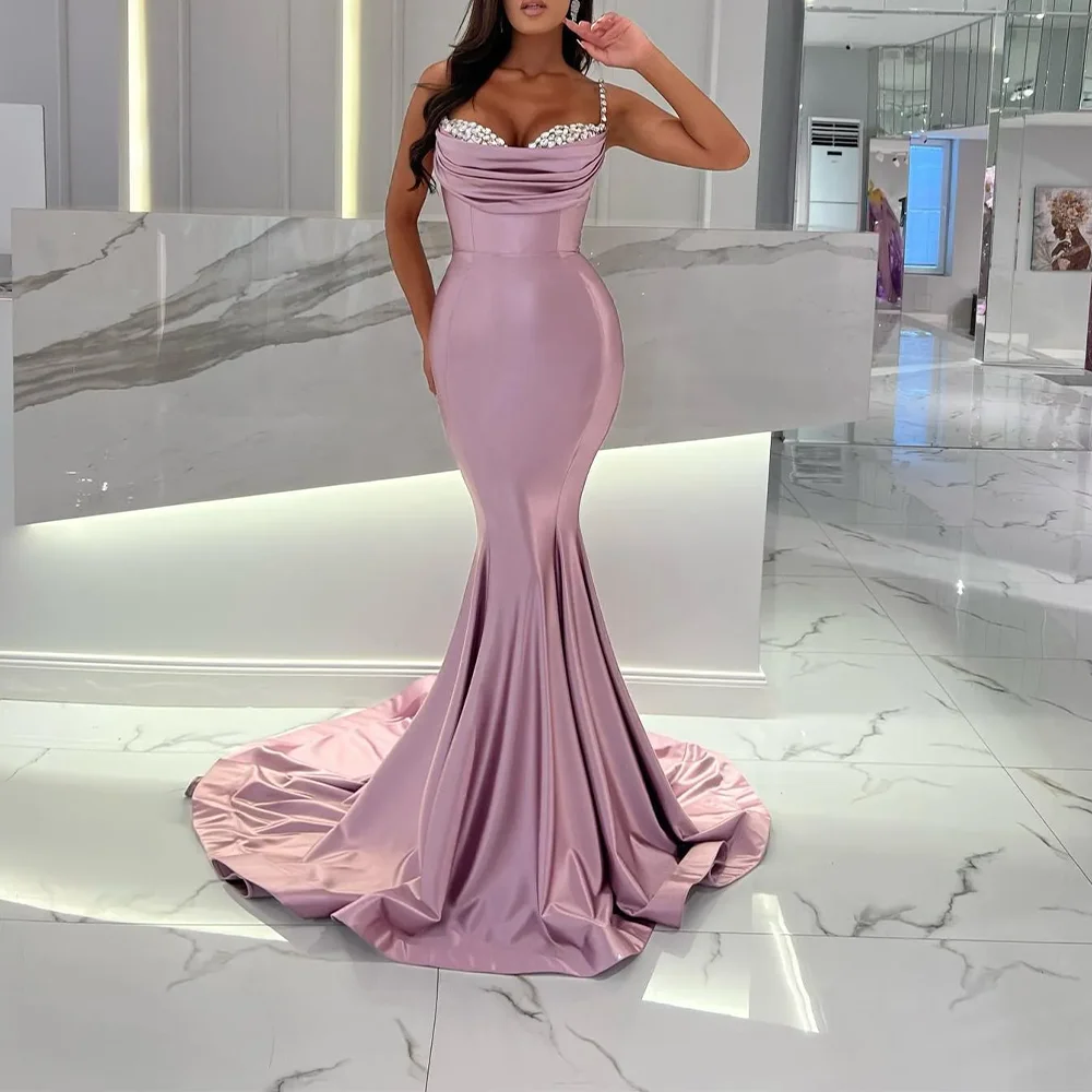 2025 สีชมพูซาตินประดับด้วยลูกปัดElegantชุดราตรีอย่างเป็นทางการParty Prom Gownsทรัมเป็ตสปาเก็ตตี้ชุดราตรีชุดราตรีที่กําหนดเอง