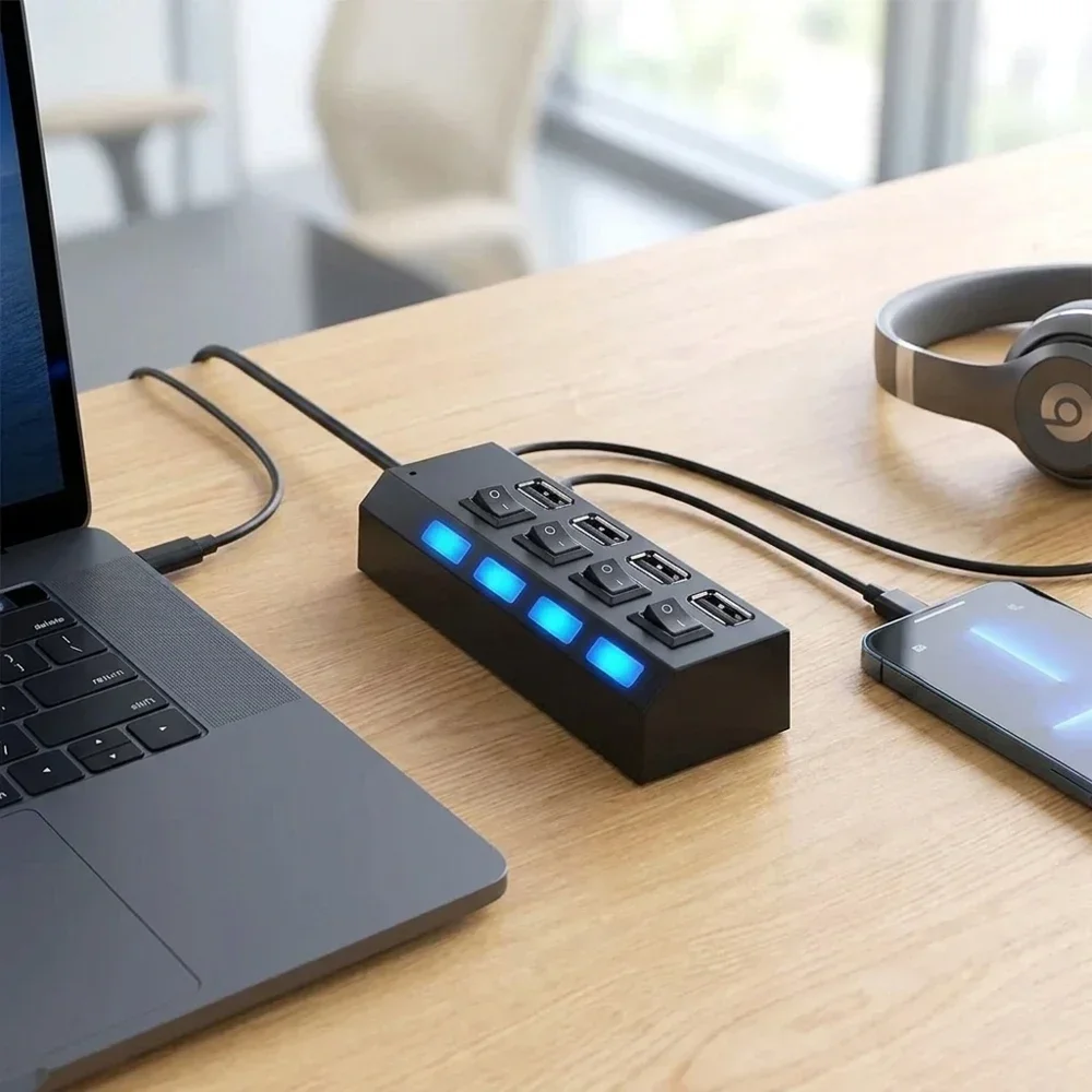 4-Port USB 2.0 Adapter Hub with LED Lights Independent Power Switches High-Speed Data Transfer Compact Portable USB Splitter for