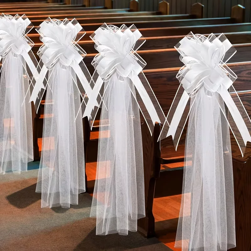 White Tulle + White Pull‑Bows Set, 10 Sets, 1.6x1m, for Church Chair, Wedding Car, Bridal Shower, Birthday & Anniversary Decor