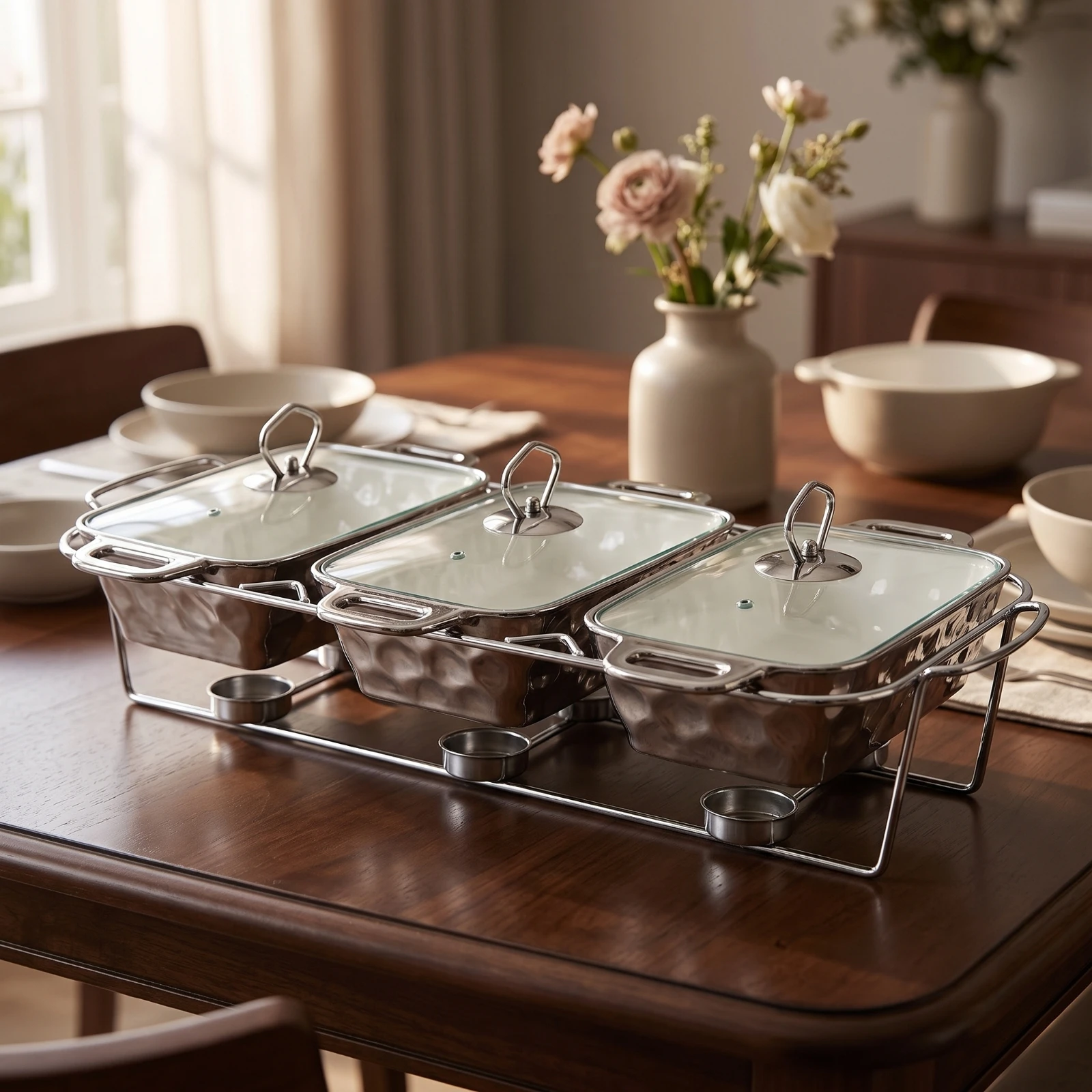 Casserole Dish Set with Rack Rectangular Rotating Buffet Server Ceramic Baking Dish with Lid Glazed Bakeware Contemporary