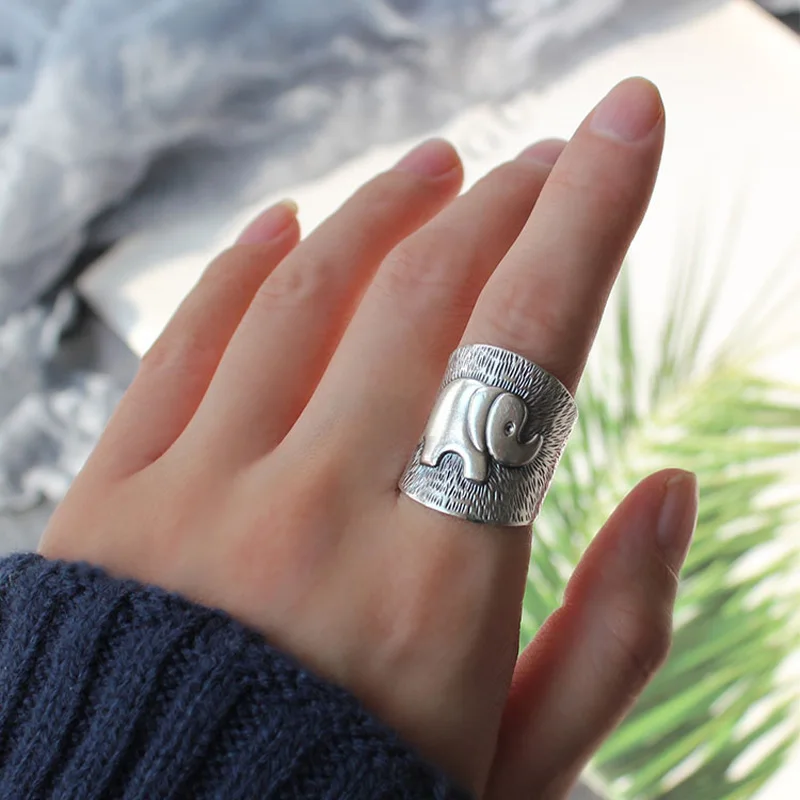 Retro Elephant Wide Ring Dla Kobiet Mężczyzn Srebrny Kolor Vintage Styl Etniczny Otwarty Pierścionek Punk Gothic Akcesoria Projektant Biżuterii Prezent — zdjęcie 6