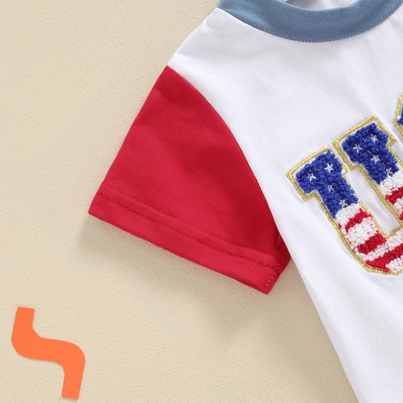 Independence Day Toddler Boy Outfit Patriotic Letter Embroidery Tee and Star Pattern Shorts Set for Summer Celebrations