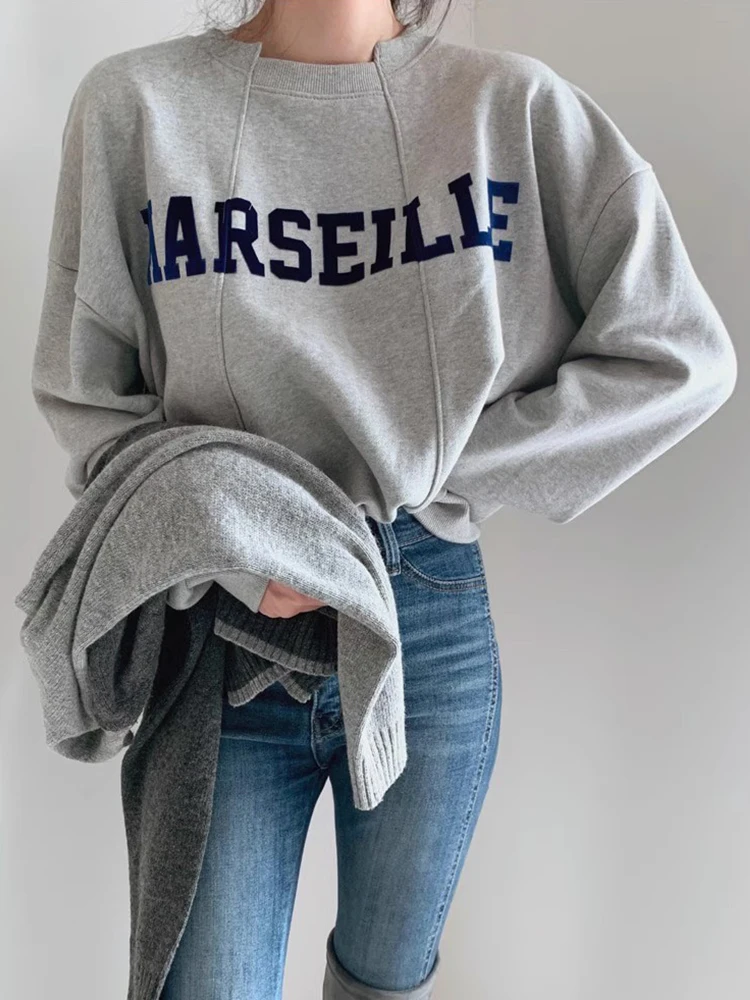 Sweat-shirt rétro paresseux rond Ne imprimé, Long, décontracté, polyvalent, ample, Streetwear pour femmes, automne hiver Chic