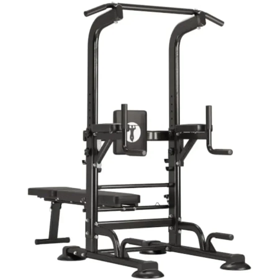 Power Tower Pull Up Bar Station with Folding Dumbbell Bench for home gym use, steel construction, black finish, space-saving fo