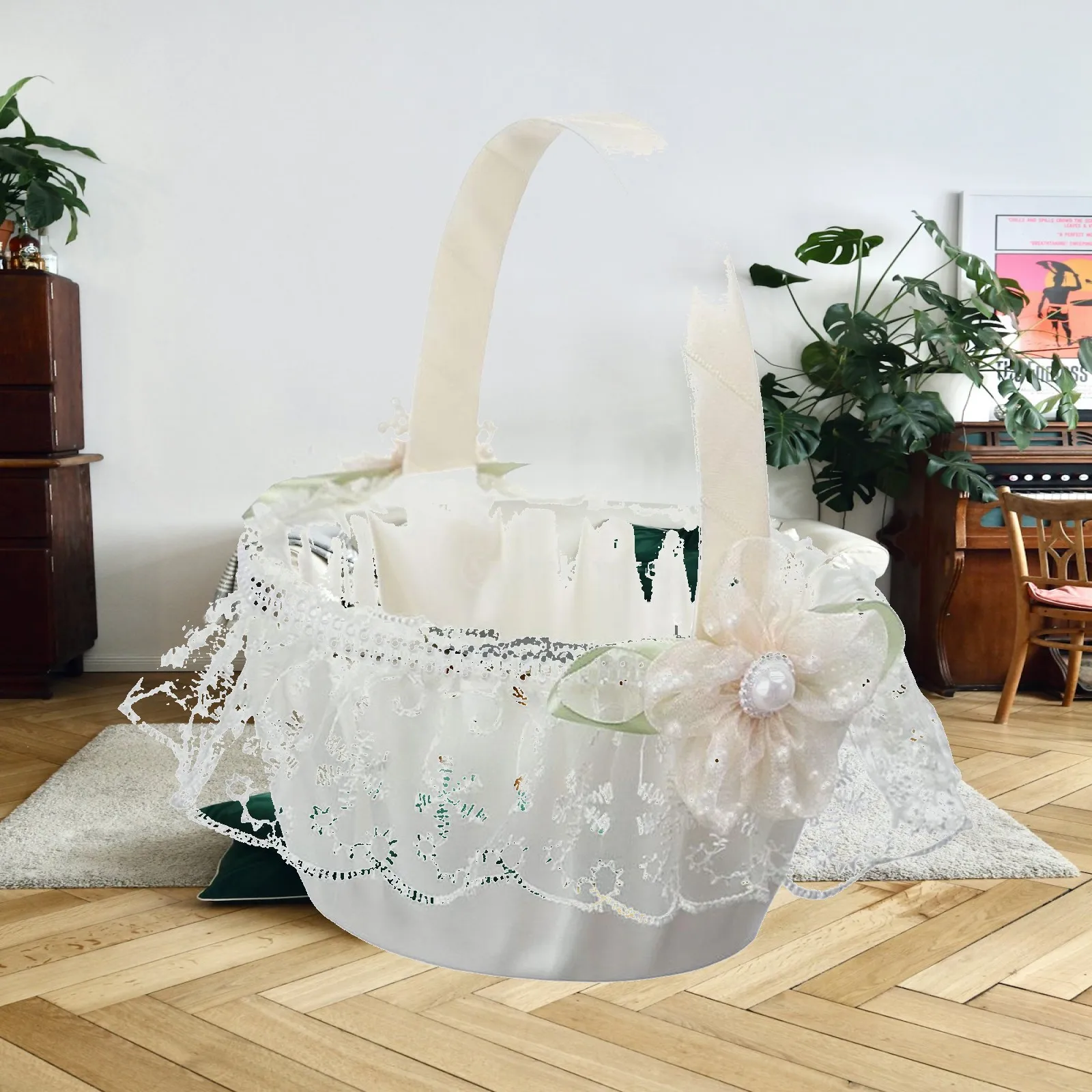Wedding Flower Basket Decor Western Wedding Decorative Basket Satin Bowknot Flower Girl Basket for Anniversary Holiday Ceremony