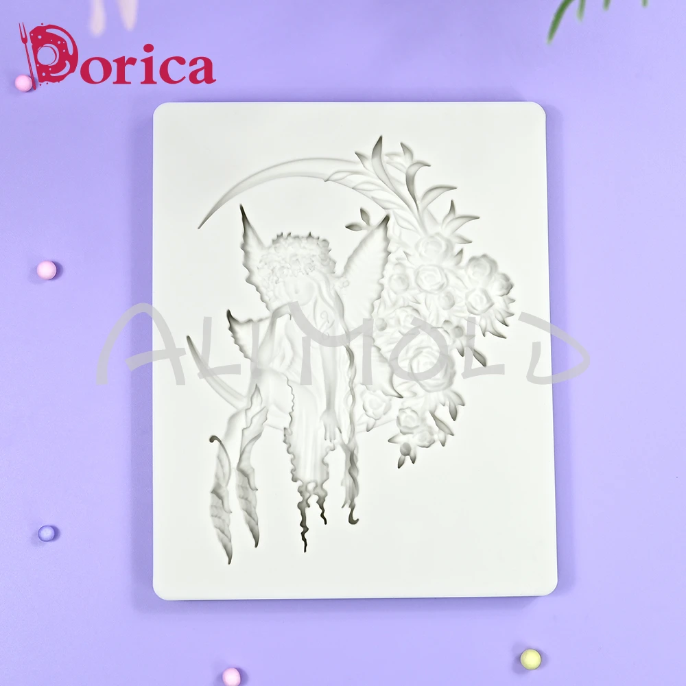 Rose Girl Sitting on the moon Relief Silicone Mold Fondant Chocolate Sugarcraft Mould DIY Resin Clay Model Cake Decorating Tool