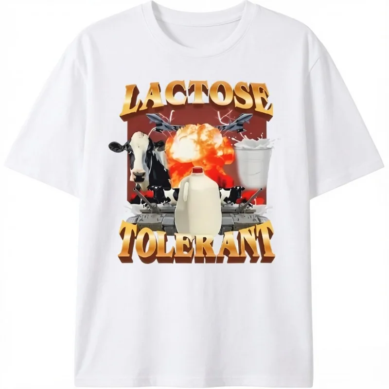 Lactose Tolerant Funny Meme T-Shirt Cow Milk Explosion Graphic Tee for Men Women Retro Hip Hop Style Outdoor Sports Breathable