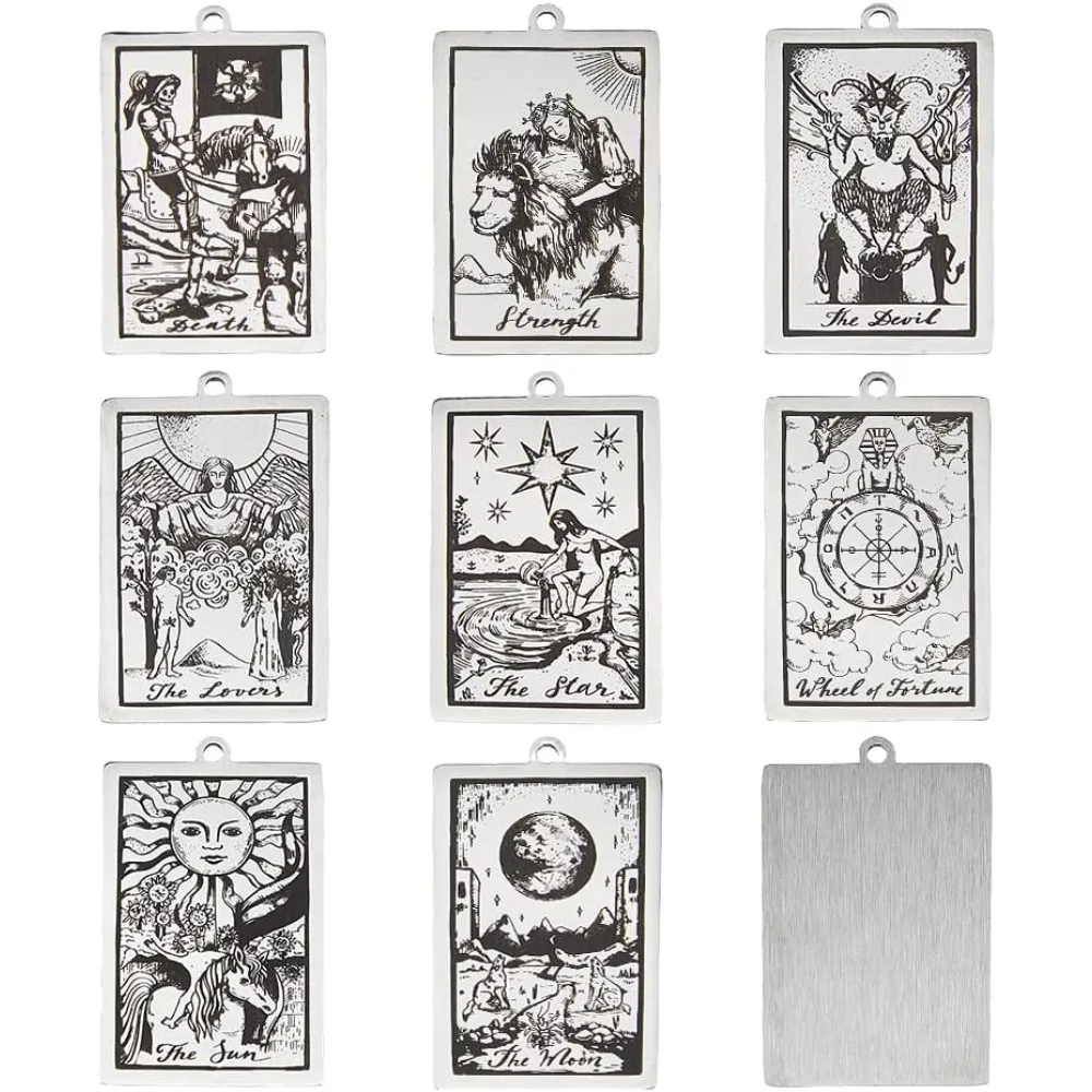 8Pcs 8 Styles Tarot Charms Stainless Steel Rectangle Card Pendants Fortune Lovers Moon Star Death Devil Protecction Charms