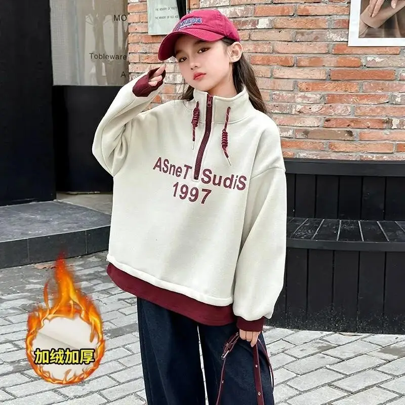 

Kawaii модный спортивный костюм для девочек, студенческий весенне-осенний повседневный пуловер с воротником-стойкой и молнией, топы, детская одежда