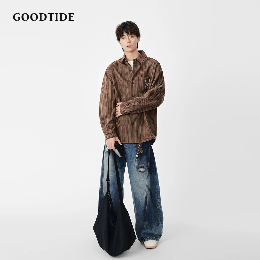 2025 Spring Autumn Men's Casual Long Sleeve Shirt Fashion Vertical Striped Pattern Chest Pocket Design Comfortable Button Up Top