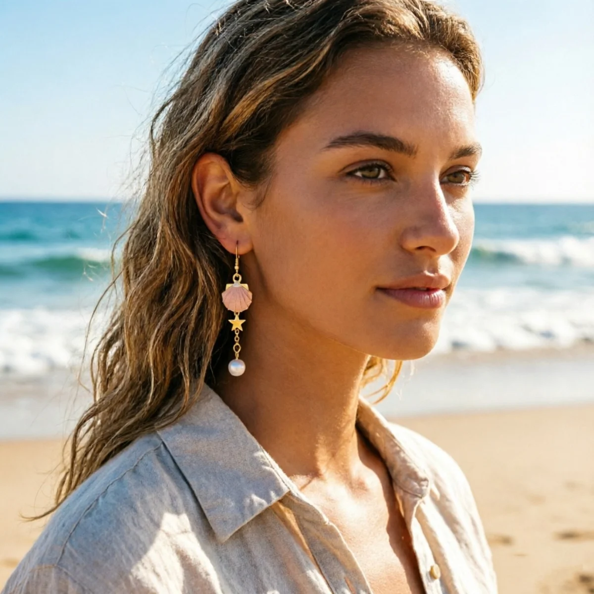 Ocean Beach Emaille Seestern Muschel Imitationsperlen Quaste Asymmetrische Hängeohrringe für Damen und Herren Stern-Ohrringe Sommer-Schmuck – Detail 10