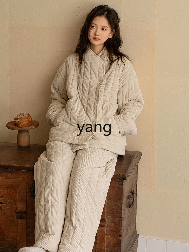 LMM new three-layer padded Chinese coral fleece thickened loungewear set winter