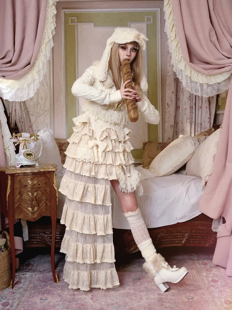 تصميم فريد من نوعه من الدانتيل بطبقات كعكة غير منتظمة متعددة الطبقات تنورة على الطراز الياباني تنانير طويلة عالية الخصر للملابس النسائية #4