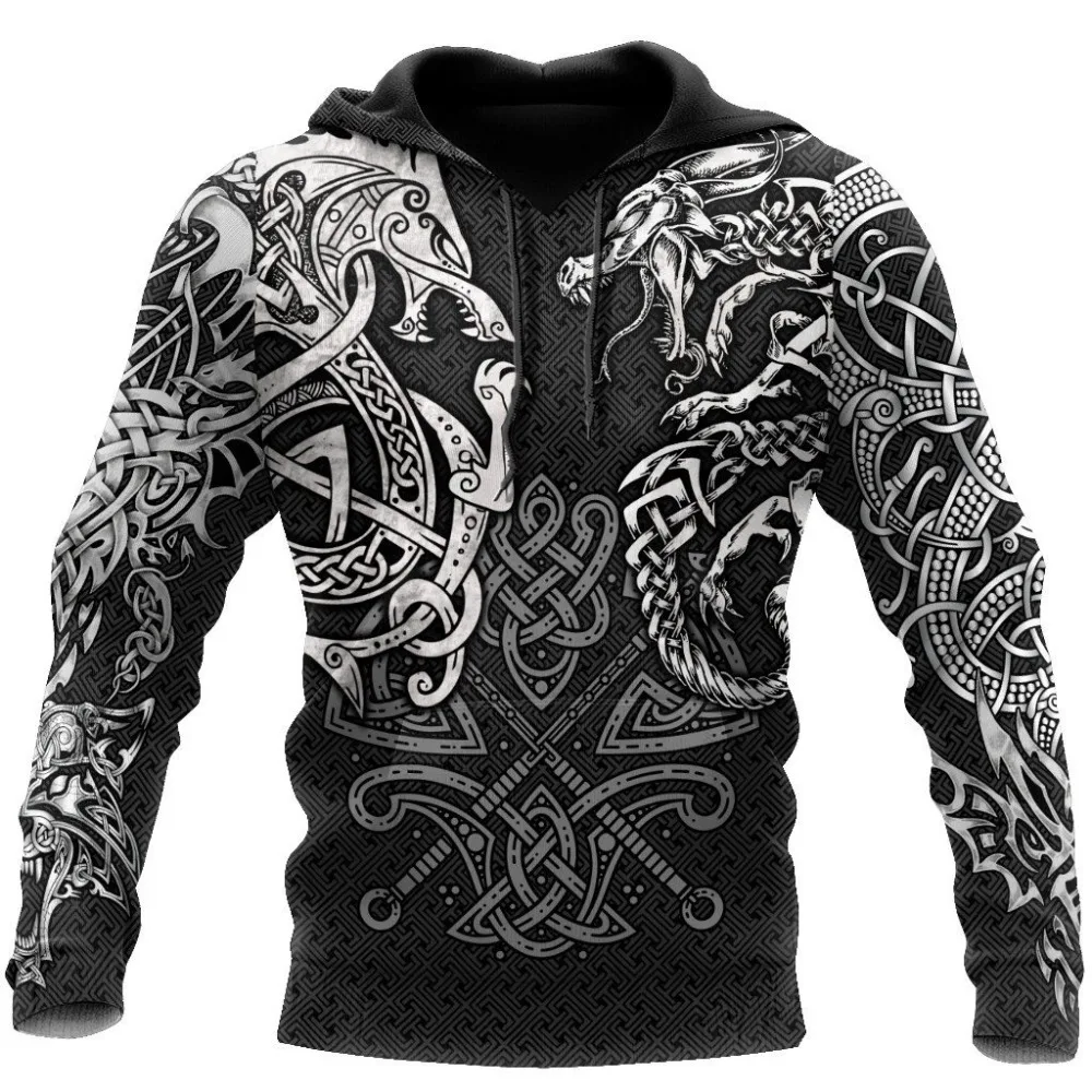 Sudadera con capucha con estampado 3D de lobo Vikingo y dragón para hombre, ropa de calle Unisex, jersey con cremallera, chaqueta informal, chándal