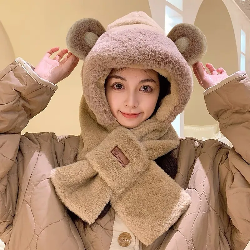Women Cute Bear 2 in 1 Hat Scarf Set Winter Thick Warm Earflap Windproof Cycling Outdoor Cap