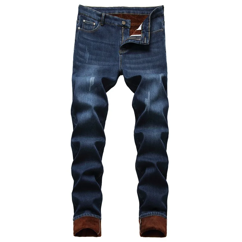 2024 Men's Autumn and Winter Fleece-lined Jeans, European and American Fashionable Youth Elastic Tapered Long Pants.