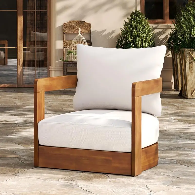 

Outdoor Acacia Wood Club Chair, Curved Tub Design, Water-Resistant Cushions, All-Weather Slat Construction for Patio or Garden