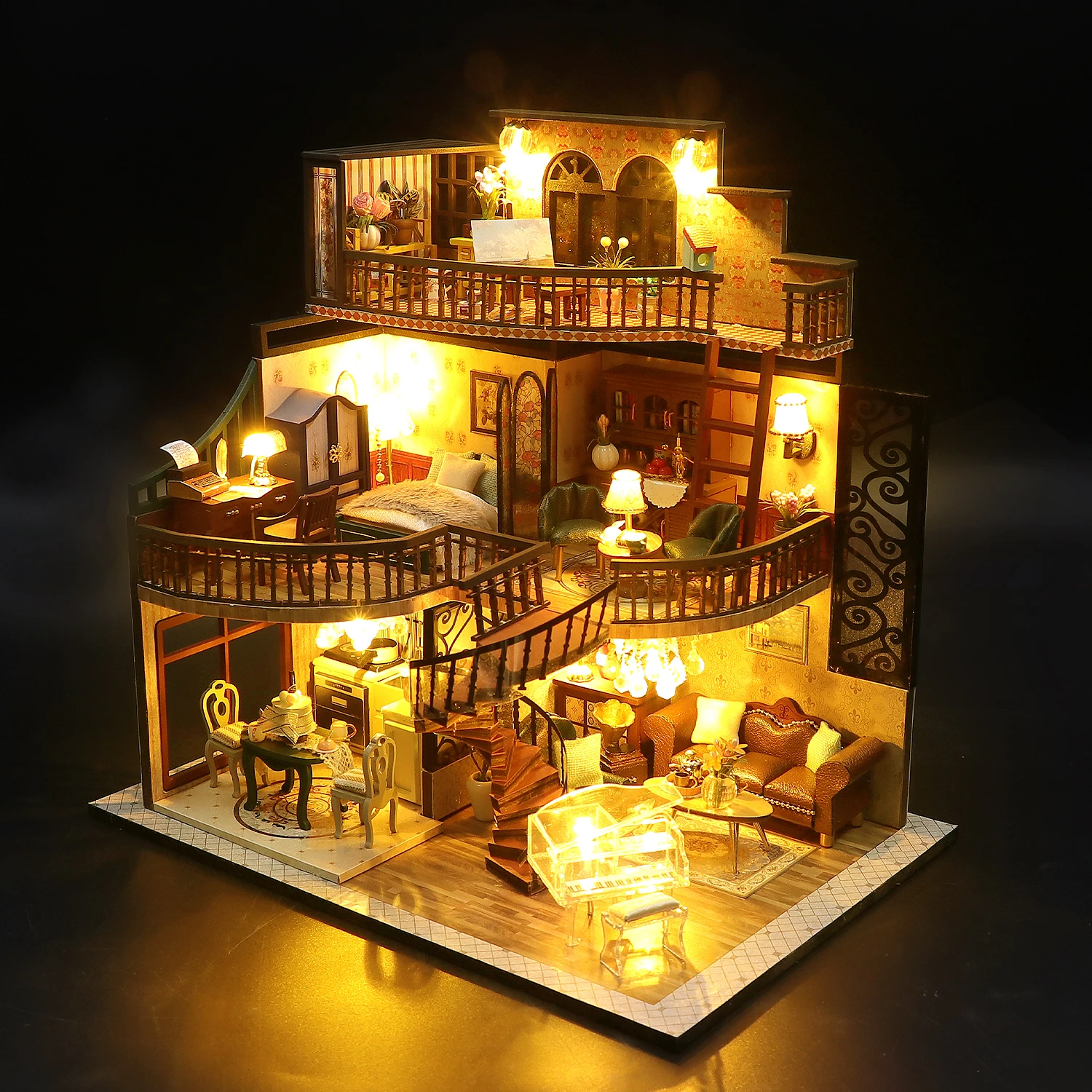 Casas para Bonecas de Madeira DIY para Adultos, Kits de Construção Miniatura com Mobiliário, Modern Loft, LED Dollhouse, Presentes de Aniversário