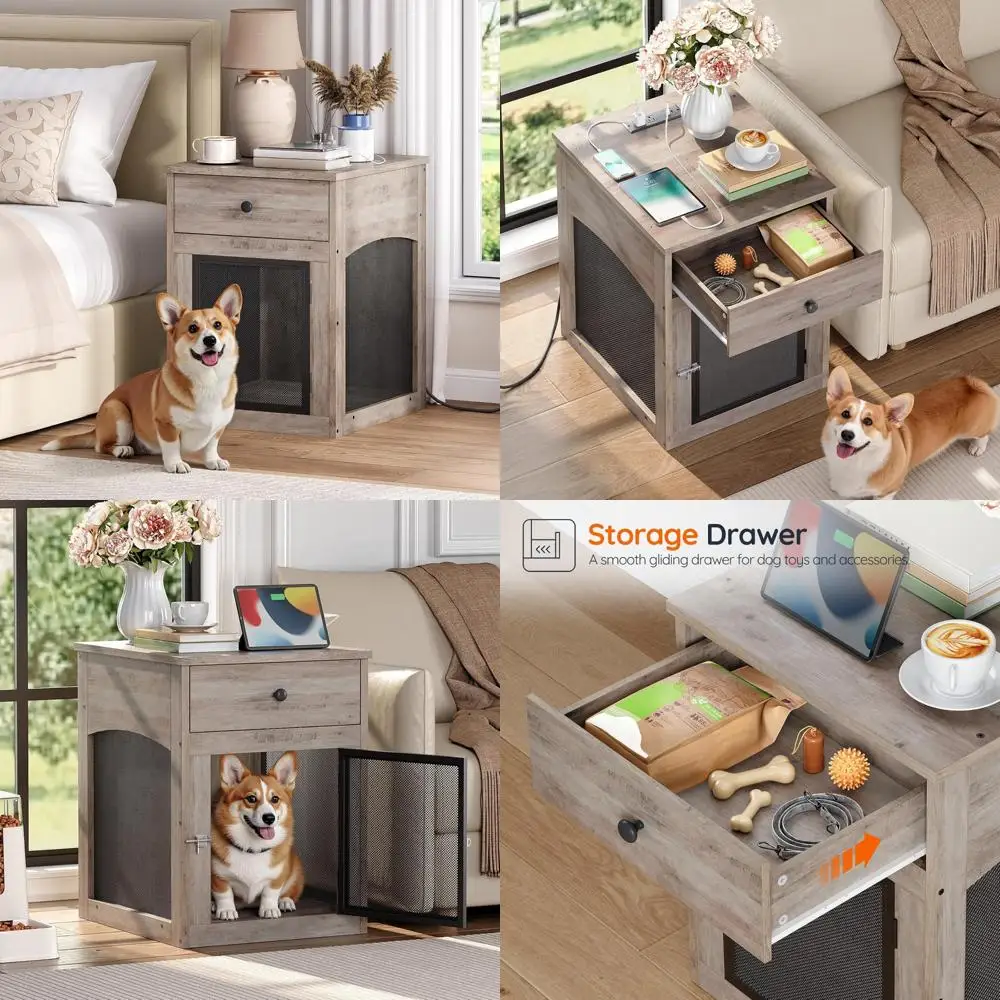 

Indoor Wooden Dog Crate with Drawer and Charging Station, Decorative Puppy House for Home